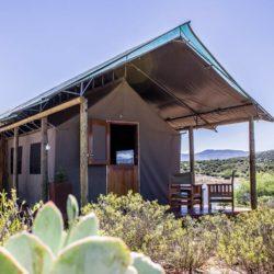 Luxury air-conditioned tented accommodation with the Swartberg mountains as backdrop