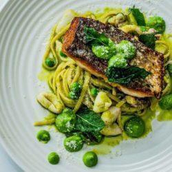 Seafood linguini with fresh line fish and calamari tossed in pea and mint
