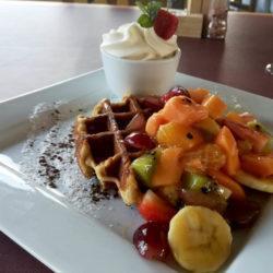 Crisp and chewy sweet yeast waffle: plain with ice-cream and maple flavoured syrup or add one of our yummy toppings